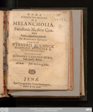 Disputatio Medica De Melancholia