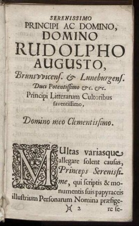 Serenissimo Principi Ac Domino, Domino Rudolpho Augusto, Brunsvvicens. & Luneburgens. [...]