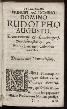 Serenissimo Principi Ac Domino, Domino Rudolpho Augusto, Brunsvvicens. & Luneburgens. [...]