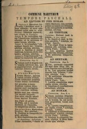 Antiphonae ad laudes et per horas aliaque de communi sanctorum pro horis canonicis in festis per annum : Pro majori recitantium commoditate. Ad reponendum et inserendum in breviariis