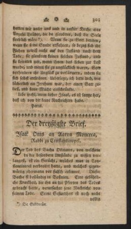 Der dreyßigste Brief. Isaak Onis an Aaron Monceca, Rabbi zu Constantinopel