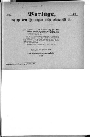 Anlage: (110), Vorlage, welche den Zeitungen nicht mitgeteilt ist, 22. Februar 1924