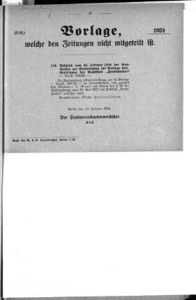 Anlage: (110), Vorlage, welche den Zeitungen nicht mitgeteilt ist, 22. Februar 1924