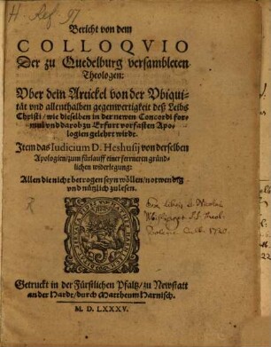 Bericht von dem Colloquio der zu Quedlinburg versambleten Theologen