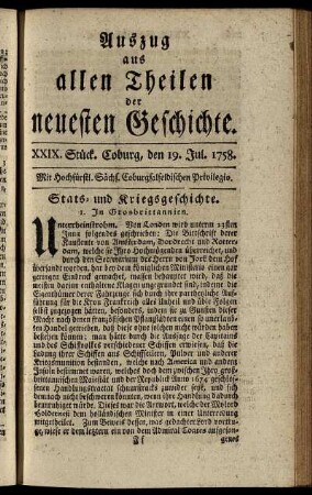 XXIX. Stück. Coburg, den 19. Jul. 1758.