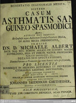 Dissertatio Inauguralis Medica, Sistens Casum Asthmatis Sanguineo-Spasmodici