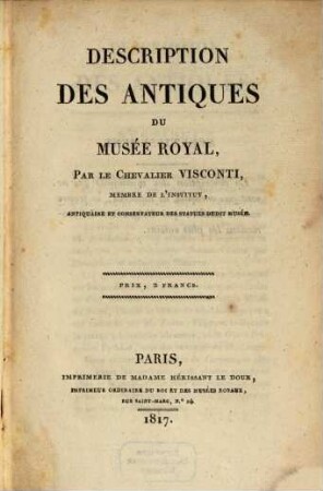 Description des Antiques du Musée Royal