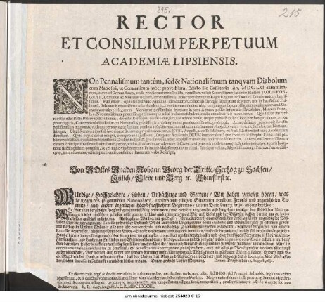 Rector Et Consilium Perpetuum Academiæ Lipsiensis : Non Pennalisimum tantum, sed & Nationalismum tanqvam Diabolum cum Matte sua ... P.P. d. 27. Augusti, A.O.R. MDCLXXXII