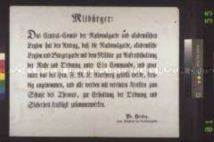 Maueranschlag: Bekanntmachung, daß Nationalgarde, akademische Legion, Bürgergarde und kaiserliche Truppen unter dem Kommando von General Auersperg stehen; undatiert