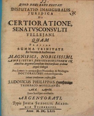 Disputatio inauguralis iuridica de certioratione senatusconsulti Velleiani