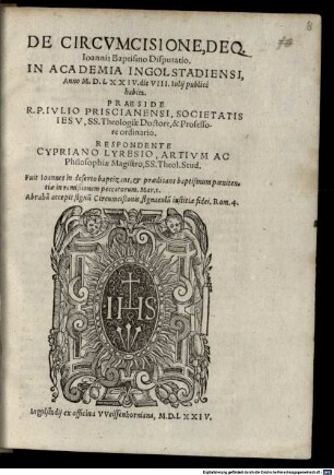 De circumcisione deque Ioannis baptismo disputatio