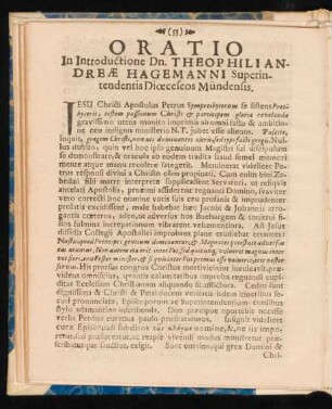 Oratio In Introductione Dn. Theophiliandreae Hagemanni Superintendentis Dioeceseos Mündensis.