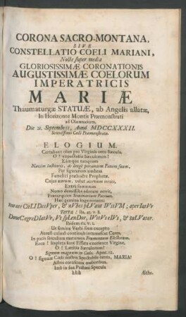 Corona Sacro-Montana, Sive Constellatio Coeli Mariani ... Augustissimae Coelorum Imperatricis Mariae ...
