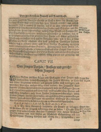 Caput VII. Von Zeugen Verhör, Aussage und gerichtlichen Zeugniß.