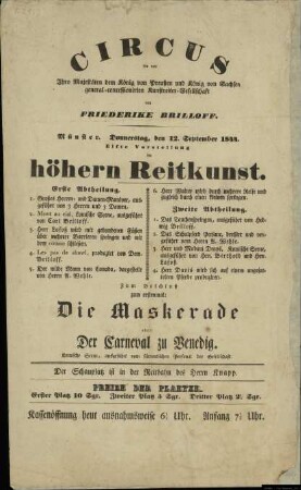 Circus. Elfte Vorstellung der höhern Reitkunst / Zum Beschluss: Die Maskerade oder: Der Carneval zu Venedig
