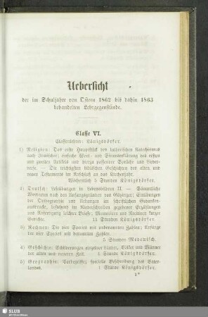 Uebersicht der im Schuljahre von Ostern 1862 bis dahin 1863 behandelten Lehrgegenstände