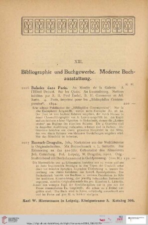 XIII. Bibliographie und Buchgewerbe. Moderne Buchausstattung (Nr. 1016 - 1058)