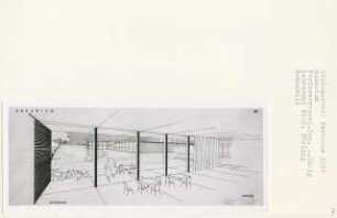 Aquarium, Düsseldorf-Düsseltal (Diplomarbeit bei Peter Poelzig): Perspektivische Ansicht Blick aus dem Café