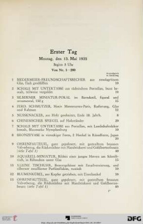 Erster Tag: Montag, den 13. Mai 1935, Beginn 3 Uhr (Nr. 1-200) mit Tafeln 2-5