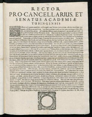 Rector Pro-Cancellarius, Et Senatus Academiae Tubingensis : Scilicet ad ignem tandem, ensemque, aut serram pervenitur ...