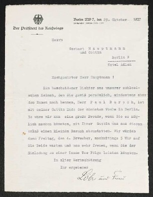 Brief von Paul Löbe von Reichspräsident Deutsches Reich Deutschland an Gerhart Hauptmann