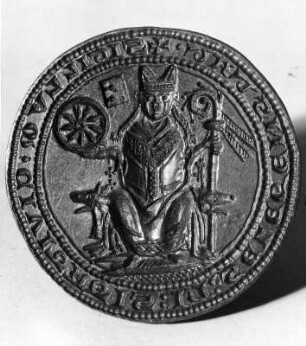 Stadtsiegel (Petschaft) von Seligenstadt mit Erzbischof von Mainz : Stadtsiegel (Petschaft) von Seligenstadt mit Erzbischof von Mainz (1301/1400). Seligenstadt (Kreis Offenbach), Landschaftsmuseum