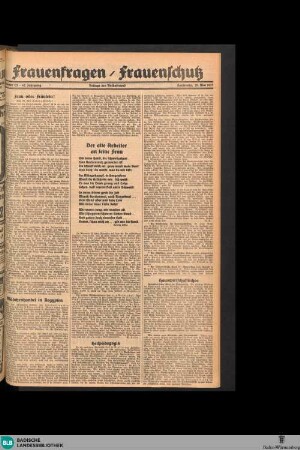 Der Volksfreund : Tageszeitung für das werktätige Volk Mittelbadens, Frauenfragen / Frauenschutz