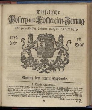 38. Stueck, Montag den 13ten Septembr. 1756