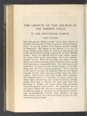The growth of the church in the mission field. VI. The livingstonia mission