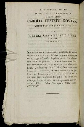 Viro Praenobilissimo Medicinae Candidato Dignissimo Carolo Ernesto Kositzki [...]