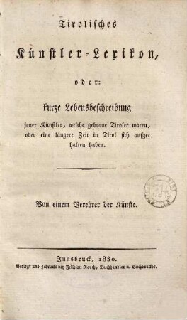 Tirolisches Künstler-Lexicon ...