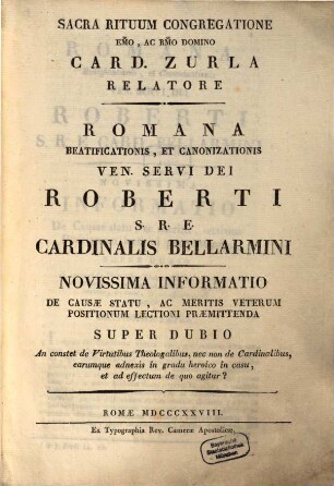 Romana beatificationis, et canonizationis ven. servi Dei Roberti Cardinalis Bellarmini