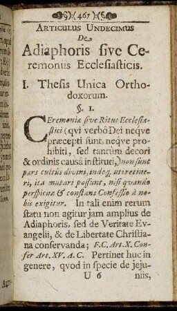 Articulus Undecimus De Adiaphoris sive Ceremoniis Ecclesiasticis