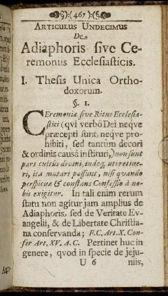 Articulus Undecimus De Adiaphoris sive Ceremoniis Ecclesiasticis