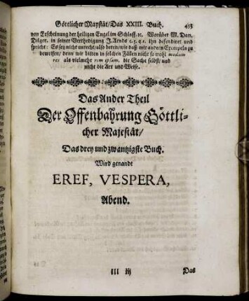 Das Ander Theil Der Offenbahrung Göttlicher Majestät / Das drey und zwantzigste Buch. Wird genandt Eref, Vespera, Abend