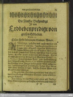 Die Fünffte Bußpredigt Ist eine Erdbebenpredigt von grossen Erdbeben