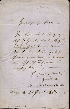 5-10-1-1.0000: Achenbach, Andreas, Maler, Professor a. d. Kunstakademie; diverse Schreiben ff.: Absage des angekündigten Besuchs