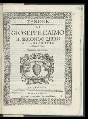 Gioseppe Caimo: Il secondo libro di canzonette à quattro voci ... Tenore
