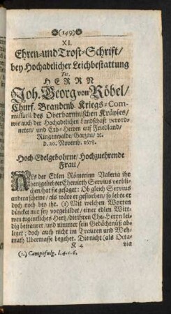 XI. Ehren- und Trost-Schrift/ bey ... Leichbestattung Herrn Joh. Georg von Röbel ...