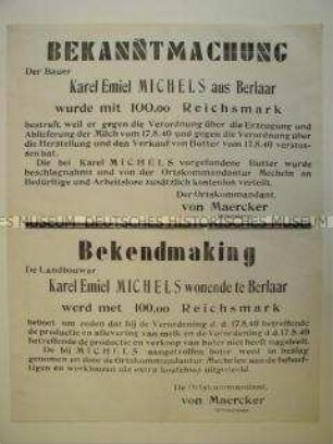 Maueranschlag aus dem besetzten Belgien zur Bestrafung eines Bauern wegen eines Verstoßes gegen Auflagen der Besatzer