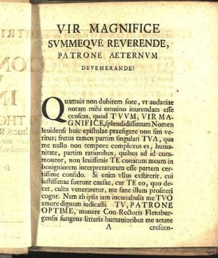 Vir Magnifice Svmmeqve Reverende, Patrone Aeternvm Devenerande!