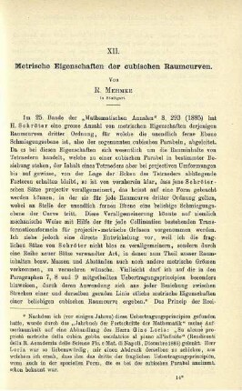 XII. Metrische Eigenschaften der cubischen Raumcurven.