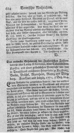 Das entdeckte Geheimniß der italienischen Zahlenlotterie oder Lotta di Genoua.