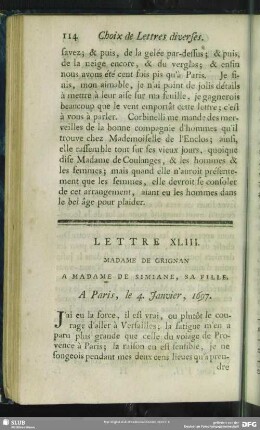 Lettre XLIII. Madame De Grignan A Madame De Simiane, Sa Fille. A Grignan, le 4. Janvier, 1697