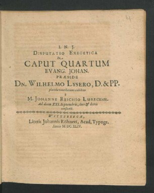 Disputatio Exegetica In Caput Quartum Evang. Johan.