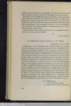 Gottlieb Ernst August Mehmel an August Wilhelm von Schlegel, Erlangen, 26.07.1800