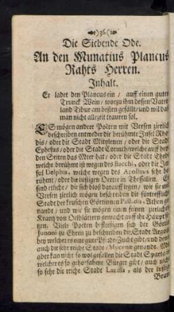 Die Siebende Ode. An den Munatius Plancus Rahts Herren