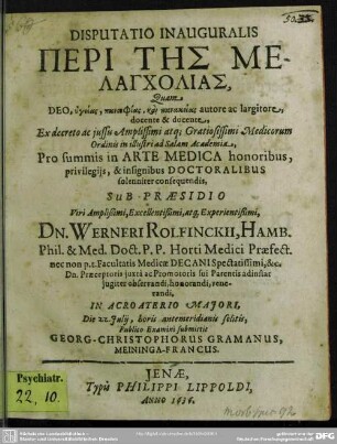Disputatio inauguralis Peri tēs melancholias