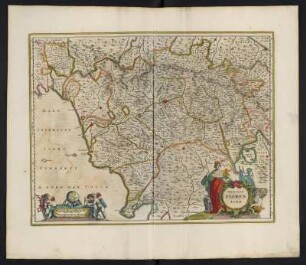 Karte vom Territorium Florenz, ca. 1:530 000, kolorierter Kupferstich, 1645 : Dominio Fiorentino / Excudebat Ioannes Ianssonius. - [Ca. 1:530.000]. - [Amsterdam] : Ioannes Ianssonius, [1645]. - 1 Kt : Kupferst ; 47 x 37 cm. - Maßstab in graph. Form (Milliaria Italica communia, Milliaria Germanica communia)