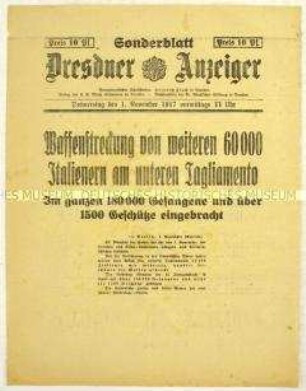 Nachrichtenblatt des "Dresdner Anzeiger" zur Kapitulation von 60 000 Italienern an der Isonzofront